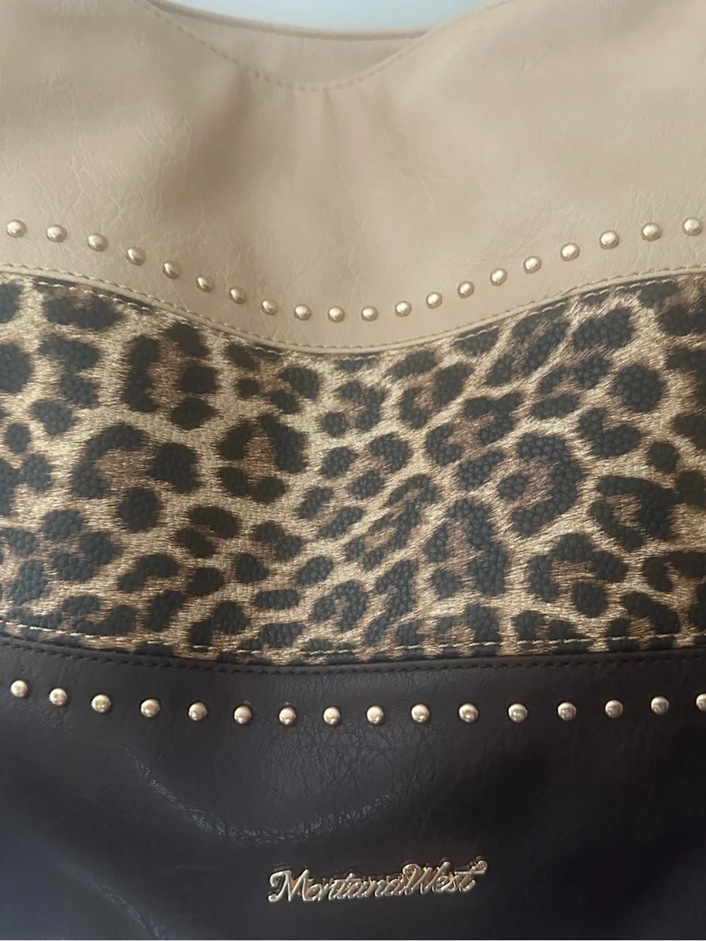 Montana West Leopard Print Studded Hobo Shoulder Bag Beige Brown Gold